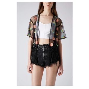Topshop Black Sheer Floral Embroidered Fringe Kimono